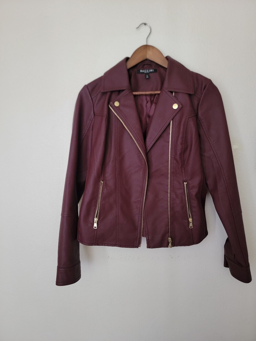 Baccini Burgundy Asymmetrical Zip Vegan Leather Motorcycle Jacket